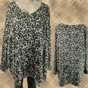 Ava James +26/28 Animal Print Metallic Detail V-Button Neck Long Sleeve Blouse